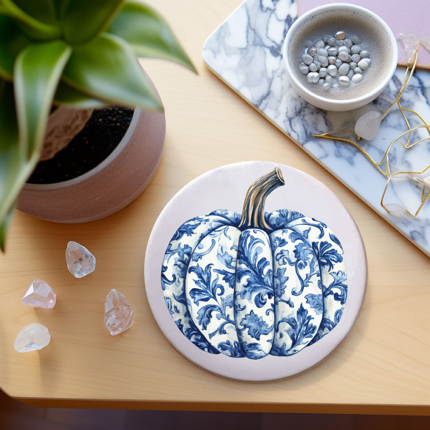 4-inch Halloween coaster with standard coffee mug
Texture detail of ceramic Halloween coaster surface
Black coffee cup on blue skull chinoiserie coaster
Wine glass on ghost design Halloween coaster
Cocktail glass on martini skull coaster at Halloween party